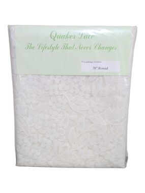 Vtg Quaker Lace 70” Round Tablecloth White USA Washable Romantic Cottage Shabby